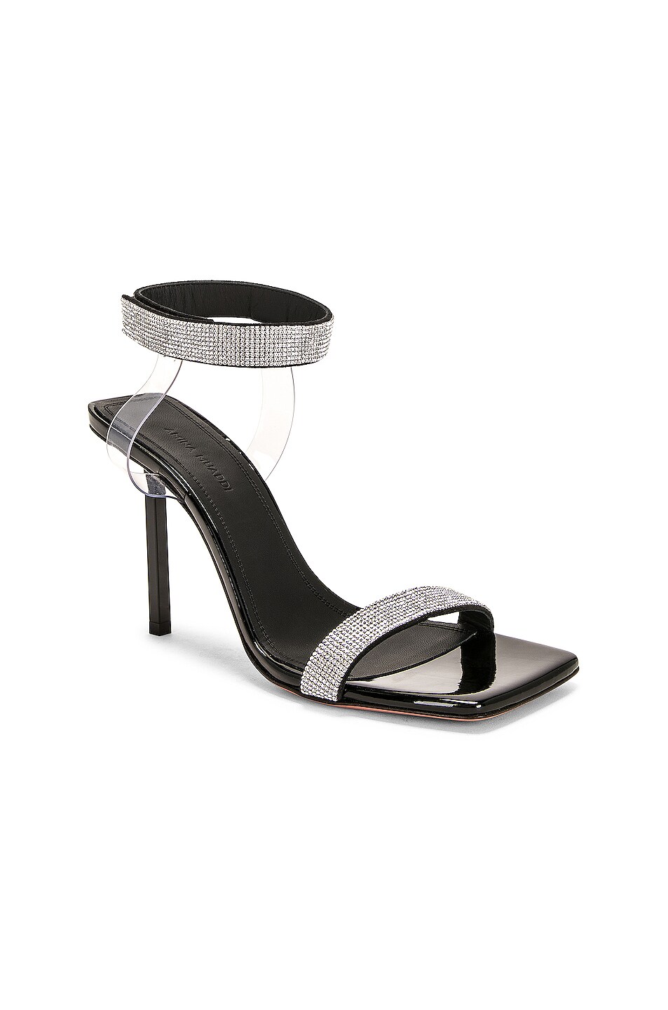 Amina Muaddi Rih Patent Sandal In Black White Crystal Mesh Fwrd