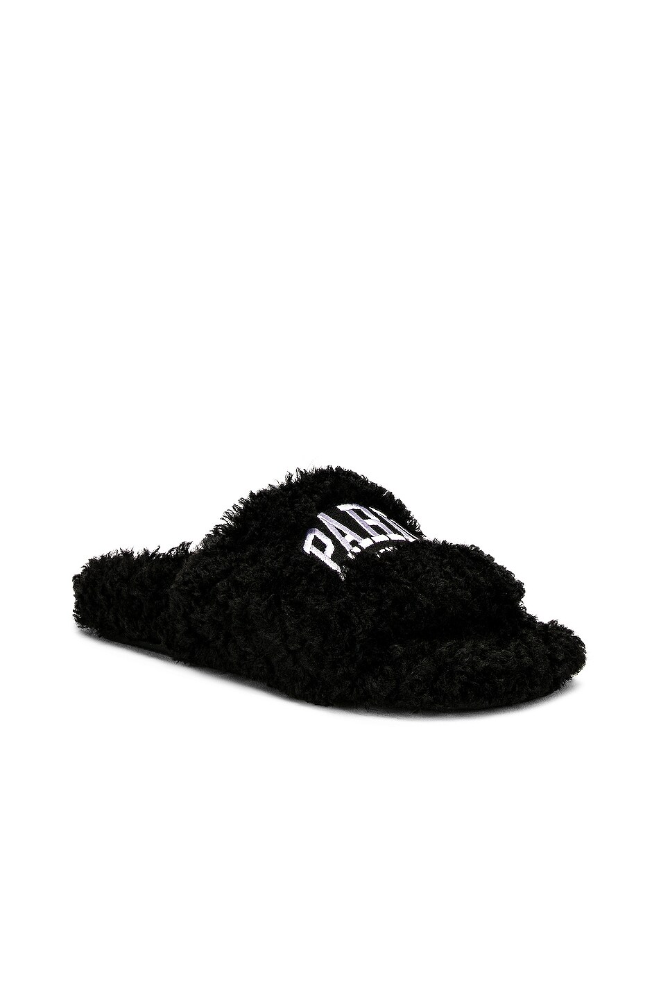 Balenciaga Paris Furry Slides In Black White Fwrd