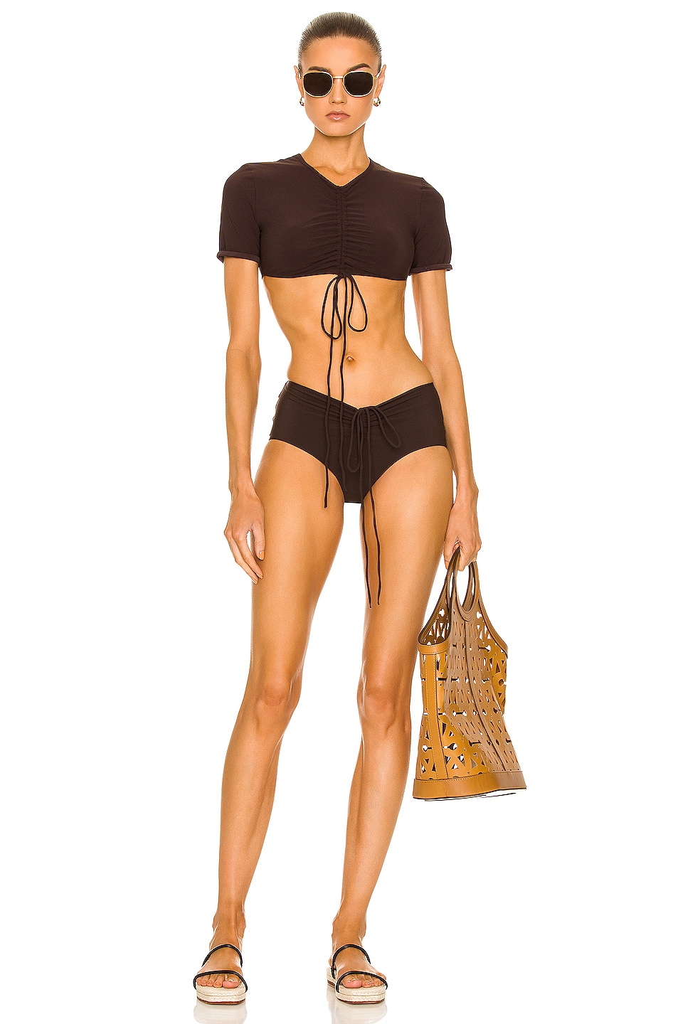 Christopher Esber Odessa Ruched Bikini Bottom In Mahogany Fwrd