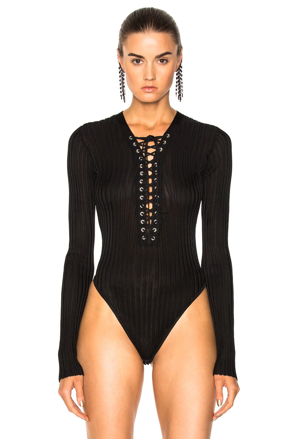 David Koma Lace Up Long Sleeve Knit Bodysuit In Black Modesens