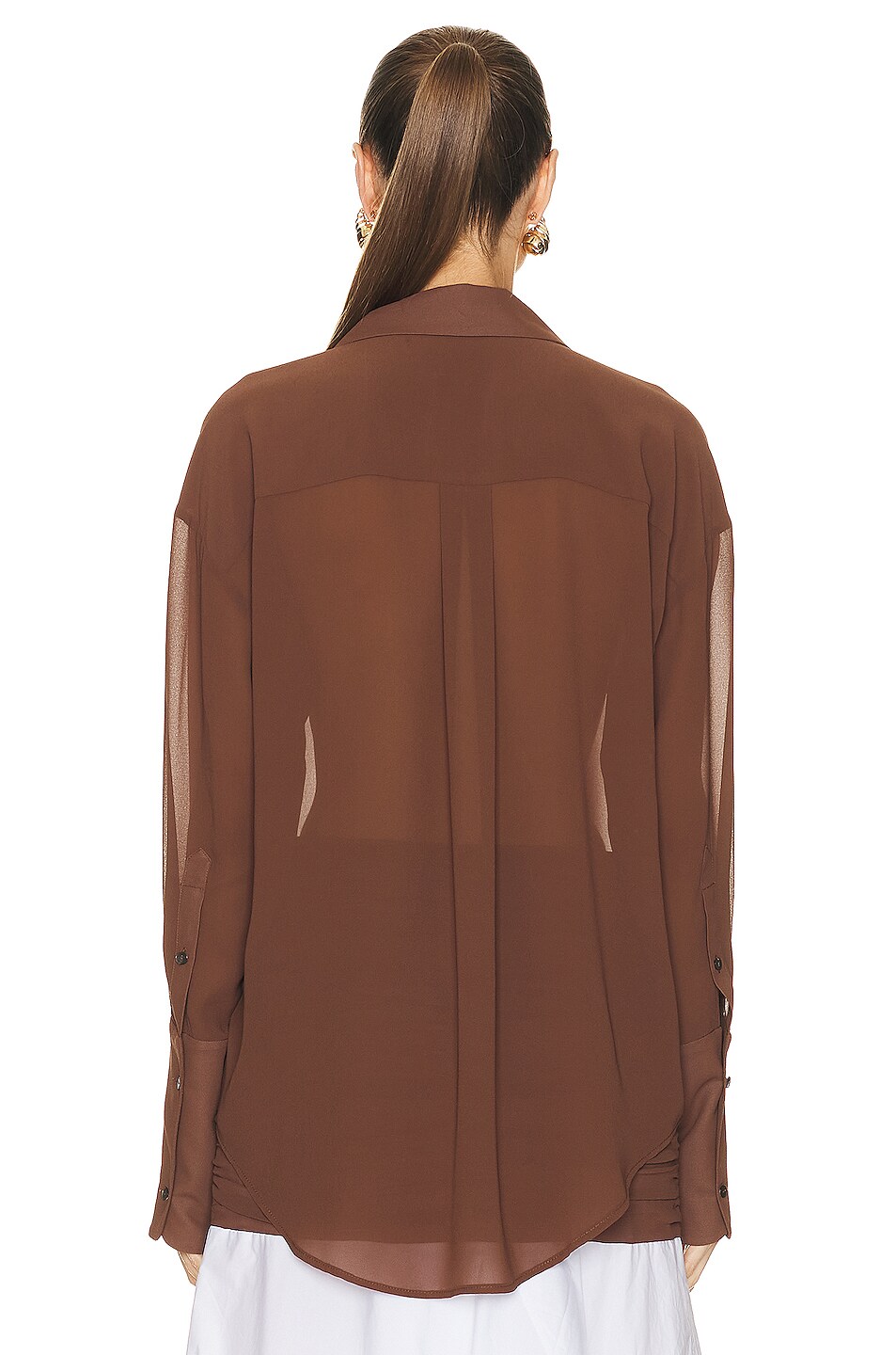 Helsa Sheer Button Slim Shirt In Chocolate Brown FWRD