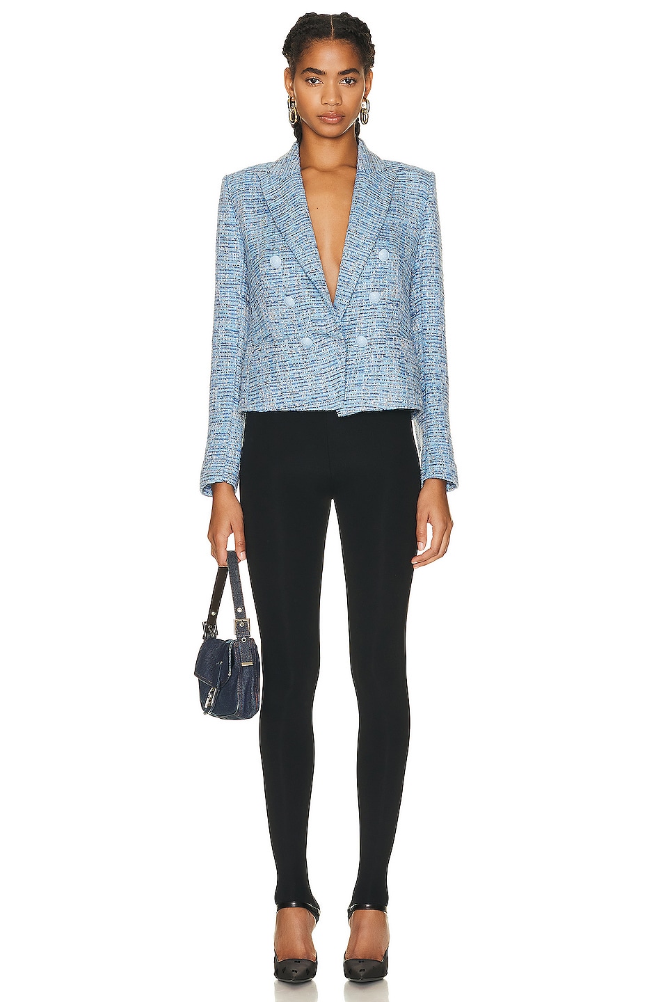 L Agence Brooke Double Breasted Crop Blazer In Blue Multi Tweed Fwrd