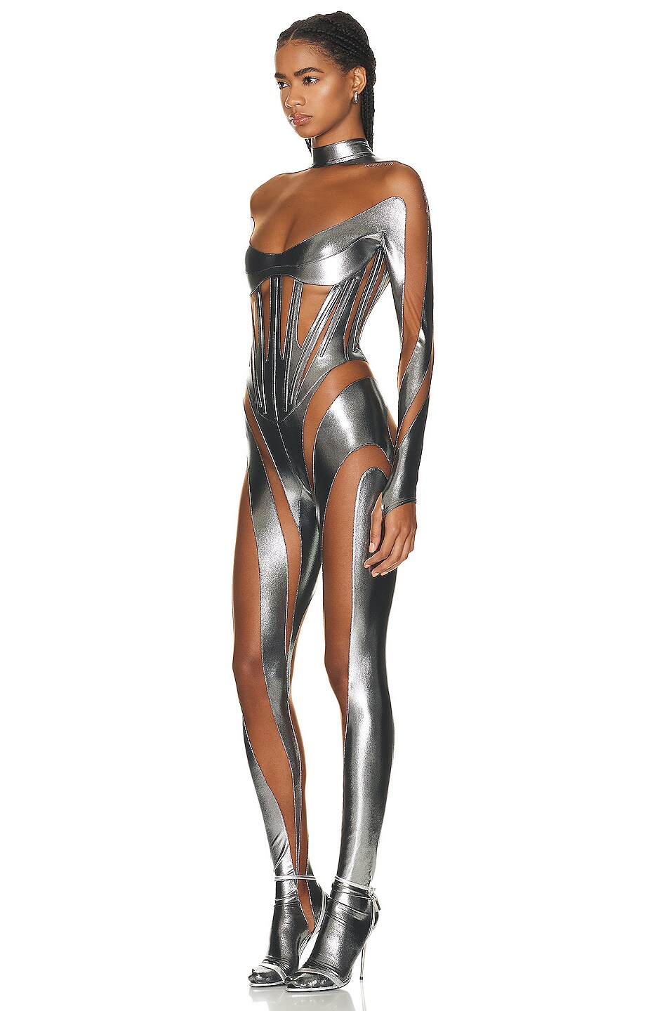 Mugler Gloved Catsuit In Chrome Silver Nude Fwrd