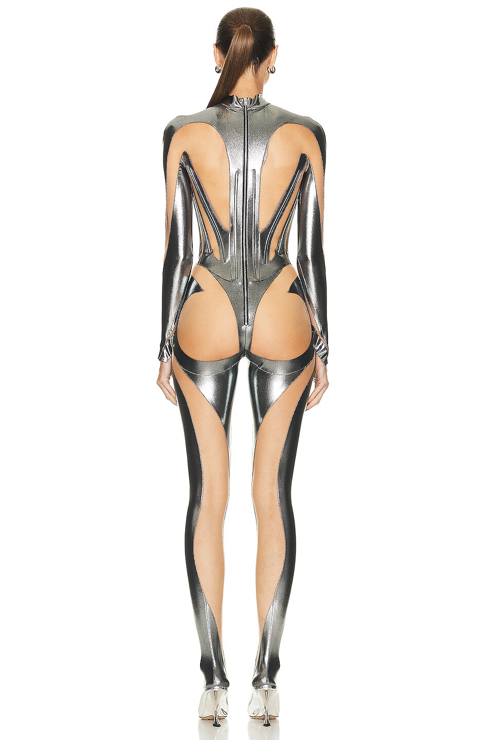 Mugler Gloved Catsuit In Chrome Silver Nude 01 FWRD