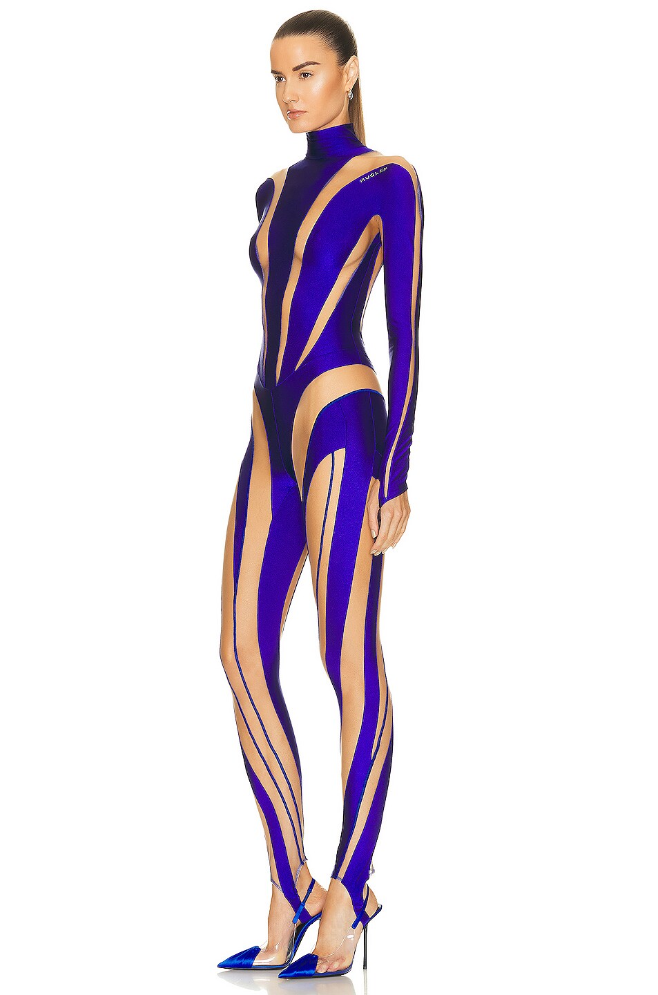 Mugler High Neck Catsuit In Ultraviolet Nude Fwrd