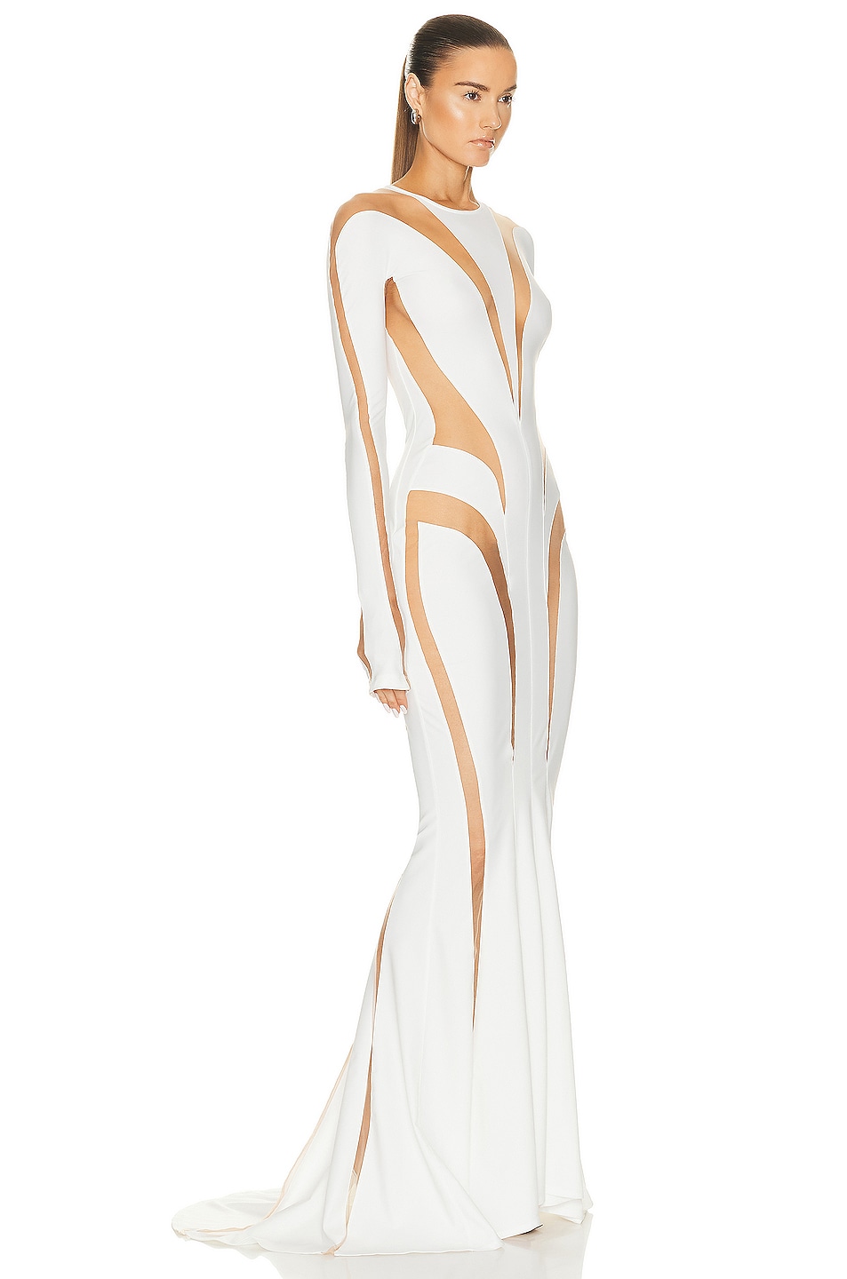 Mugler Spiral Illusion Long Dress In White Nude Fwrd