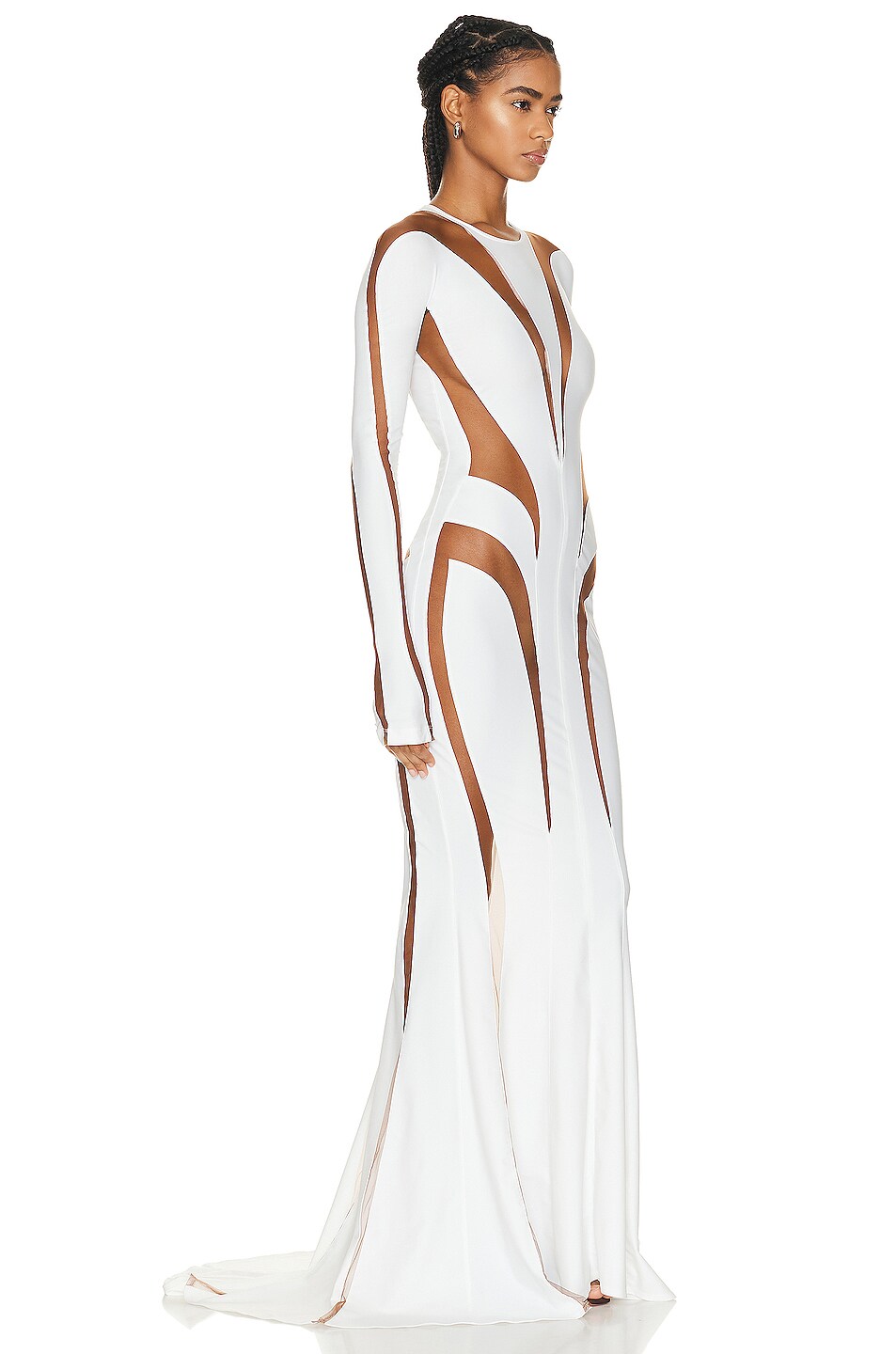 Mugler Spiral Illusion Long Dress In White Nude 02 FWRD