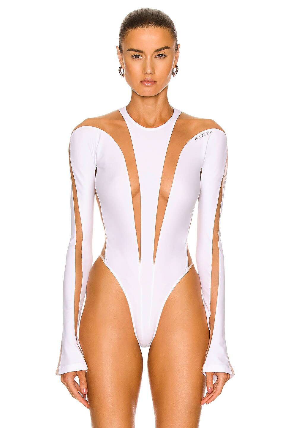 Mugler For Fwrd Sheer Tulle Bodysuit In White Nude Fwrd