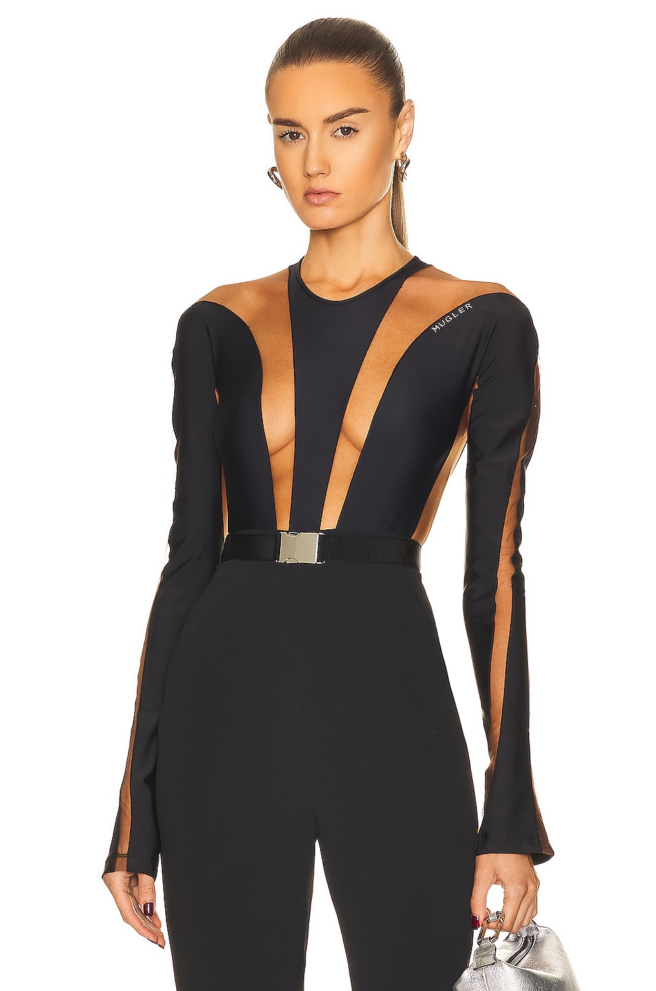 Mugler Illusion Shaping Bodysuit In Black Nude Fwrd