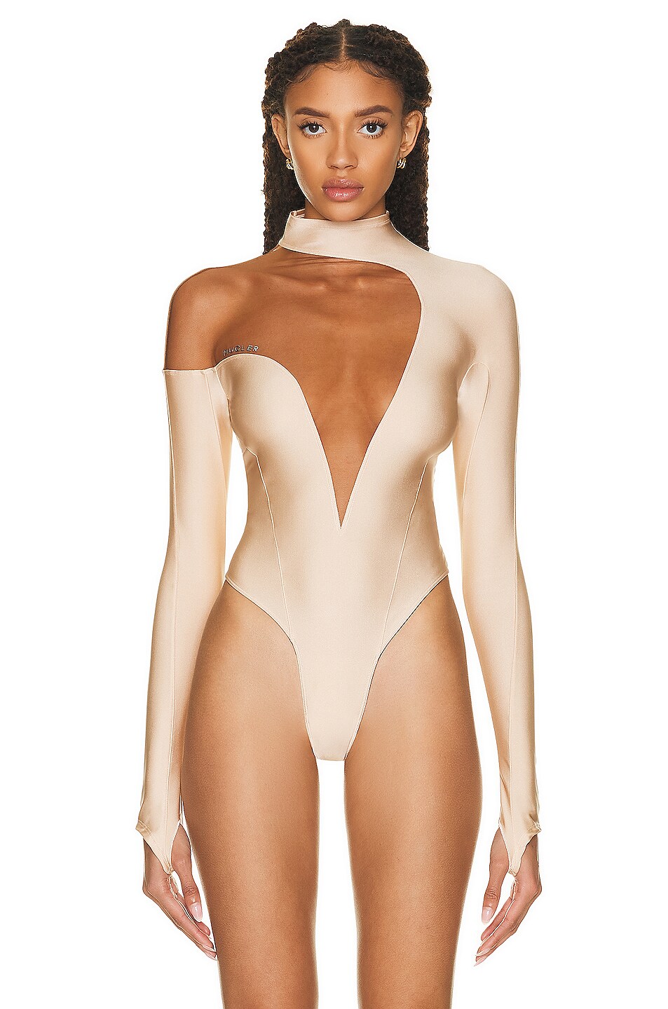 Mugler Deep Mesh Bodysuit In Powder Nude Fwrd