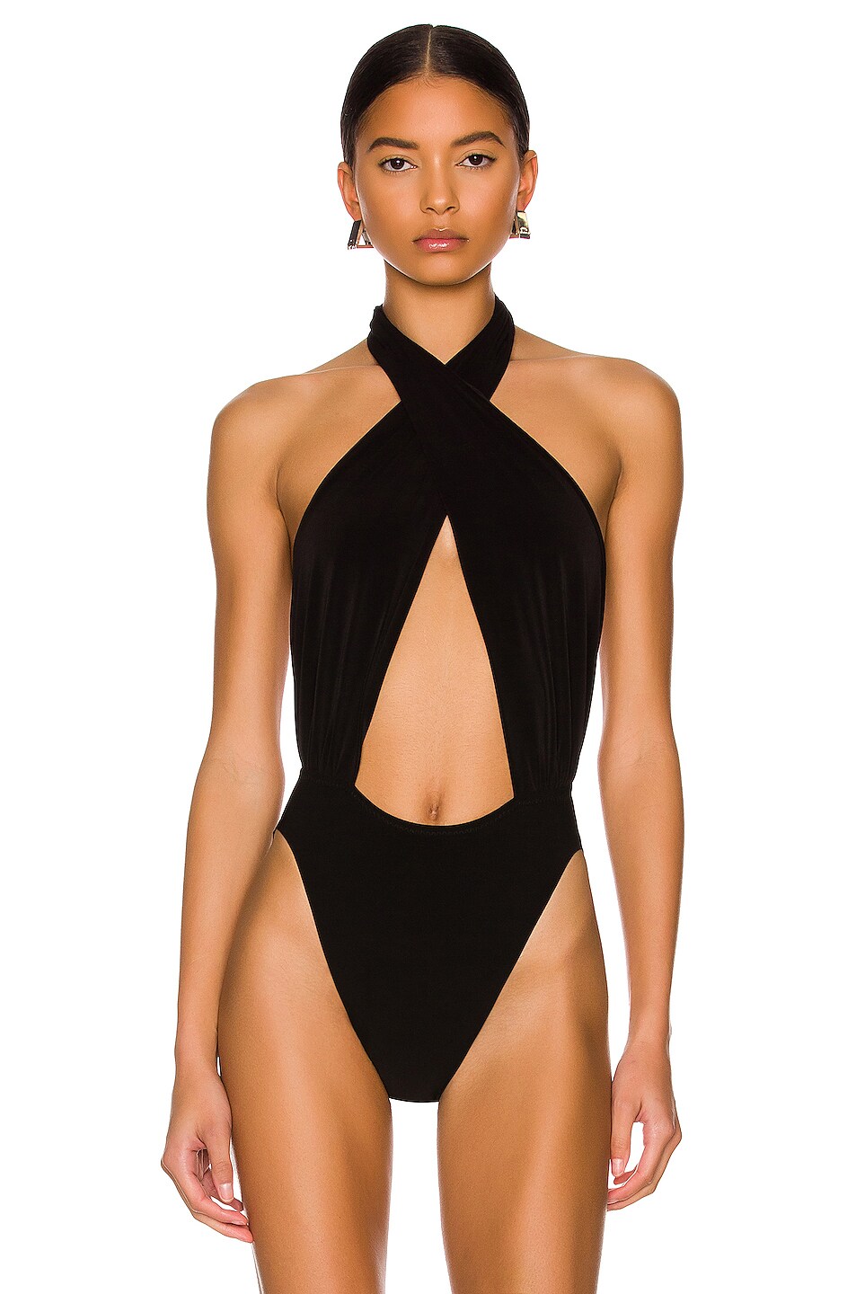 Norma Kamali Cross Halter Bodysuit In Black Fwrd