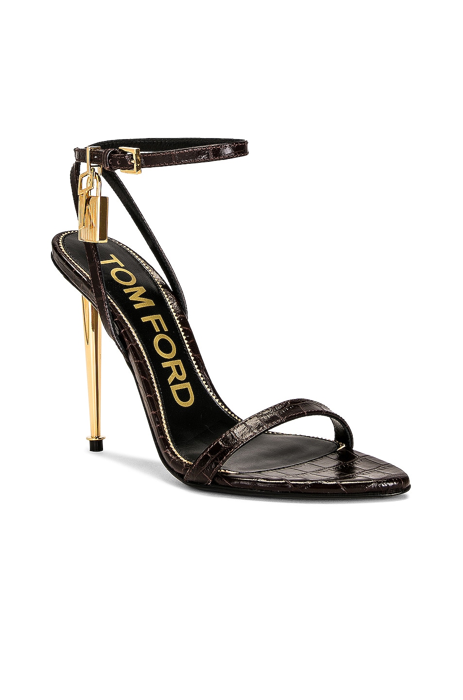 Tom Ford Stamped Croc Padlock Pointy Naked Sandal In Chocolate Fwrd