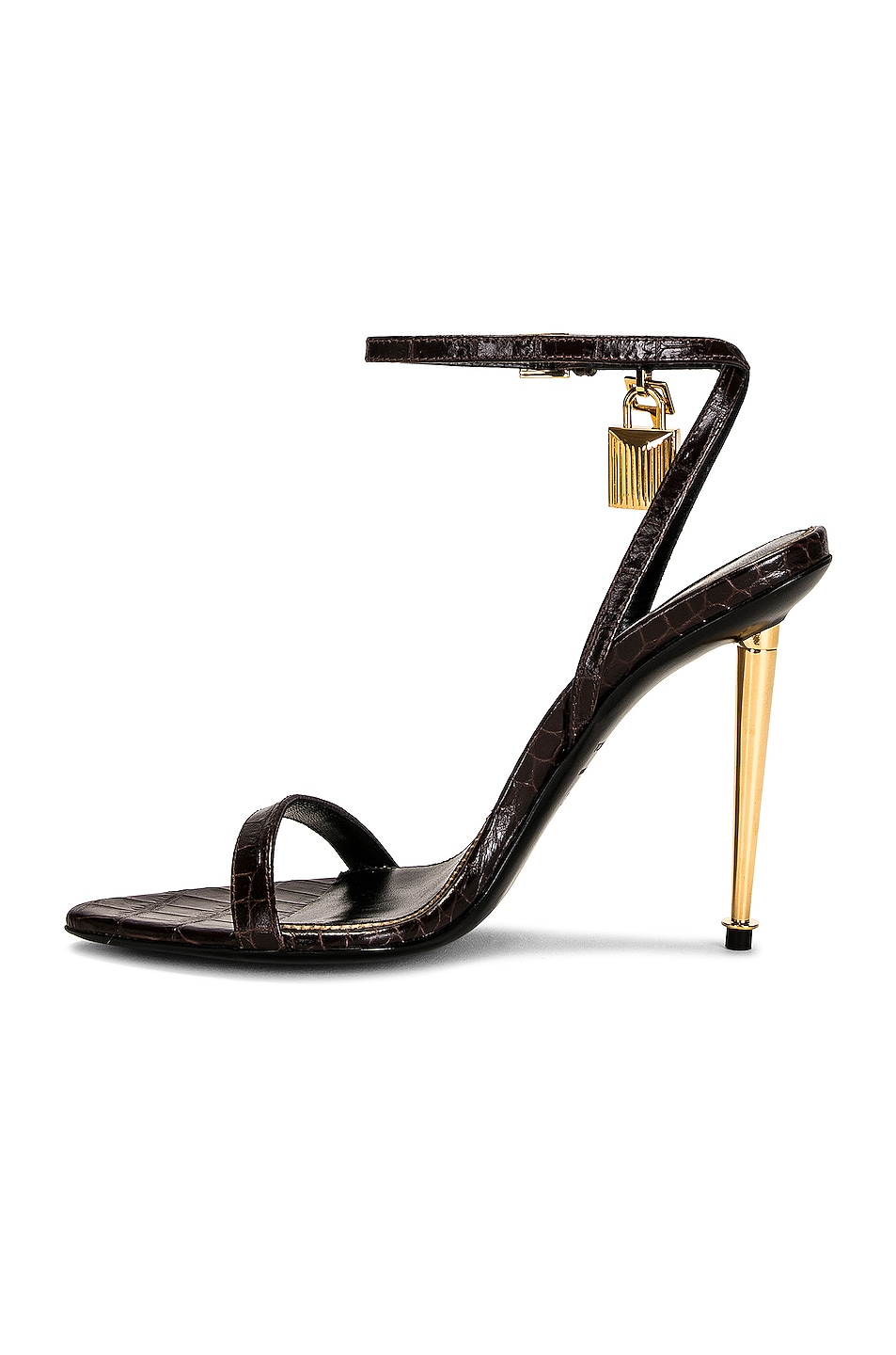 Tom Ford Stamped Croc Padlock Pointy Naked Sandal In Chocolate Fwrd