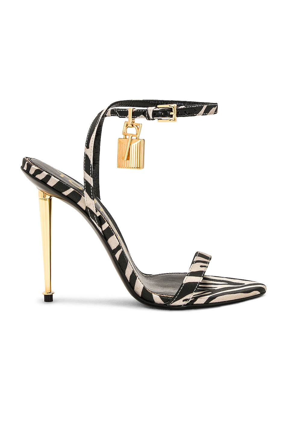 Tom Ford Zebra Printed Satin Padlock Pointy Naked Sandal In Black