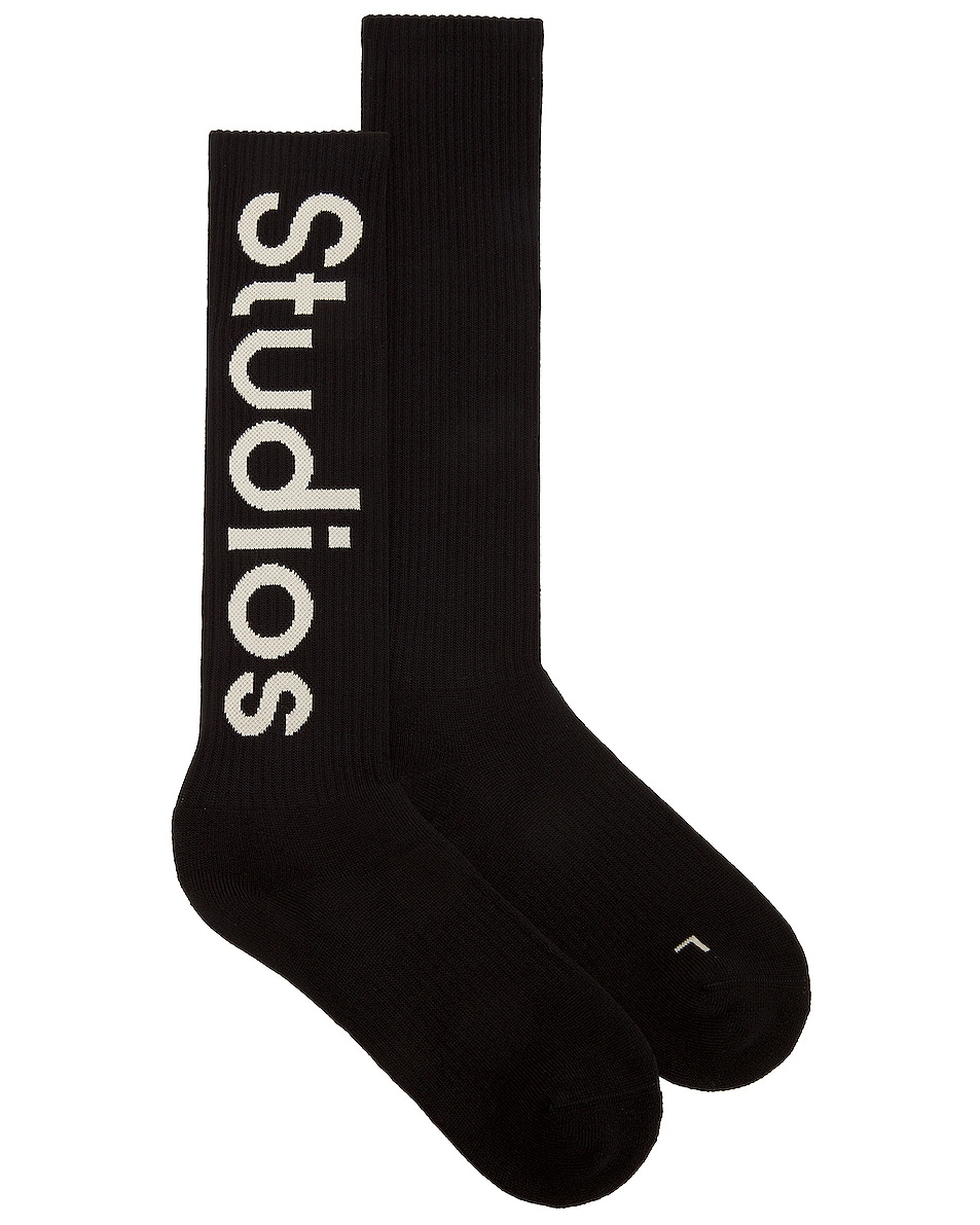 Image 1 of Acne Studios Long Rib Logo Socks in Black & Ivory