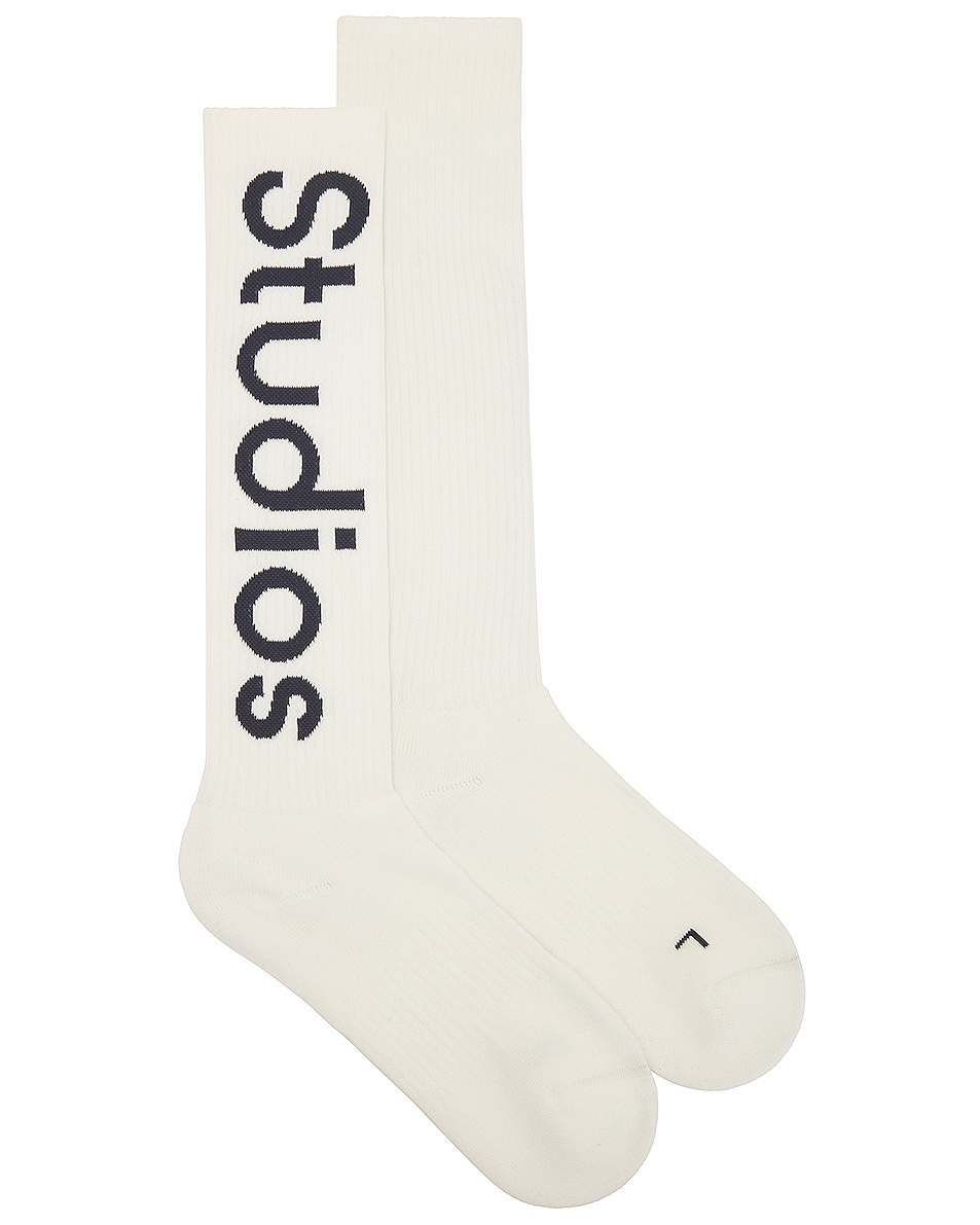 Image 1 of Acne Studios Long Rib Logo Socks in White & Charcoal