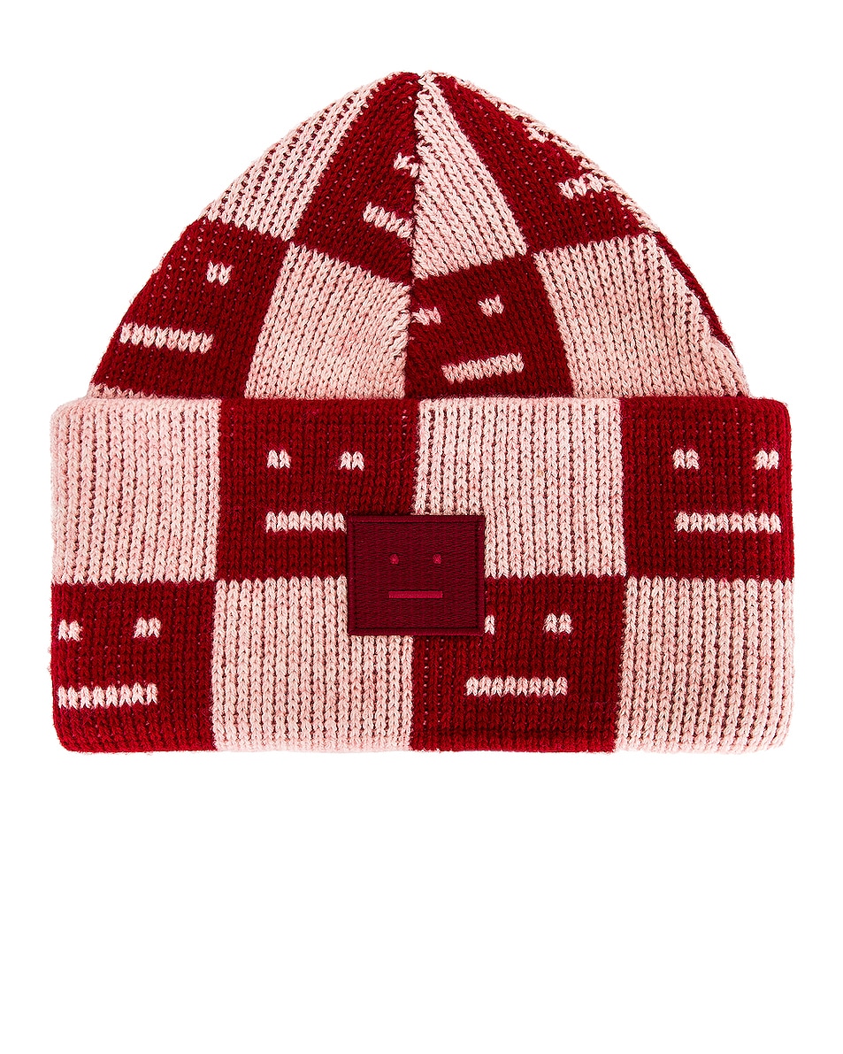 Image 1 of Acne Studios Checkerboard Beanie in Deep Red & Faded Pink Melange
