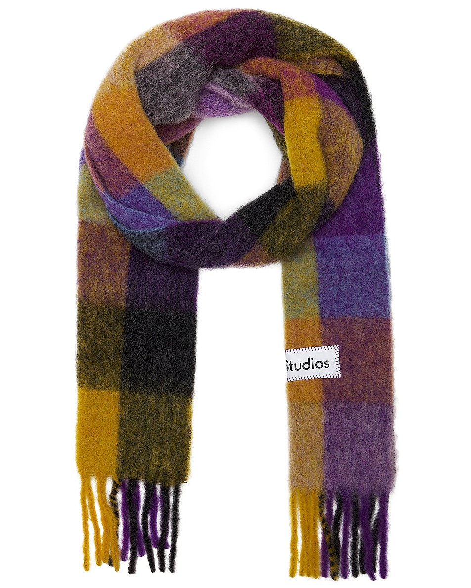 Image 1 of Acne Studios Checkered Scarf in Grey, Yellow, & Purple