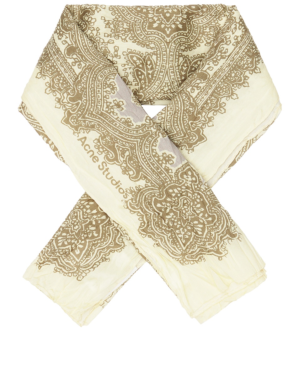 Image 1 of Acne Studios Printed Scarf in Cream White & Light Olive