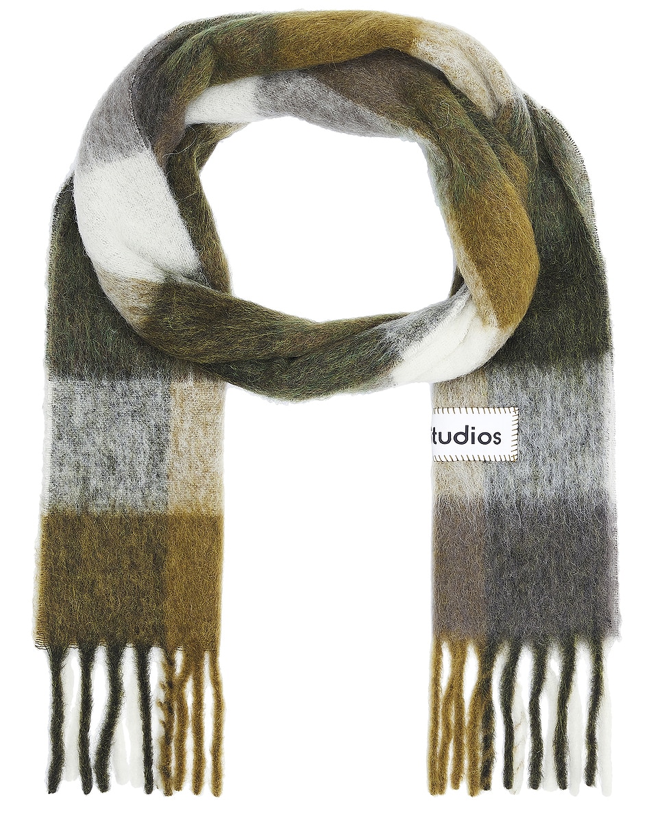 Image 1 of Acne Studios Mohair Checked Scarf in Taupe, Green, & Black