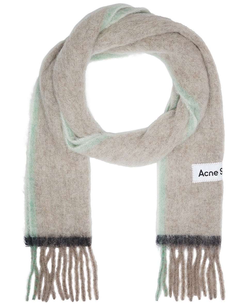 Image 1 of Acne Studios Mohair Fringed Scarf in Beige & Grey