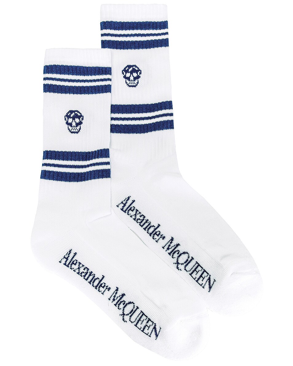 Image 1 of Alexander McQueen Stripe Skulls Socks in Off White & Blue