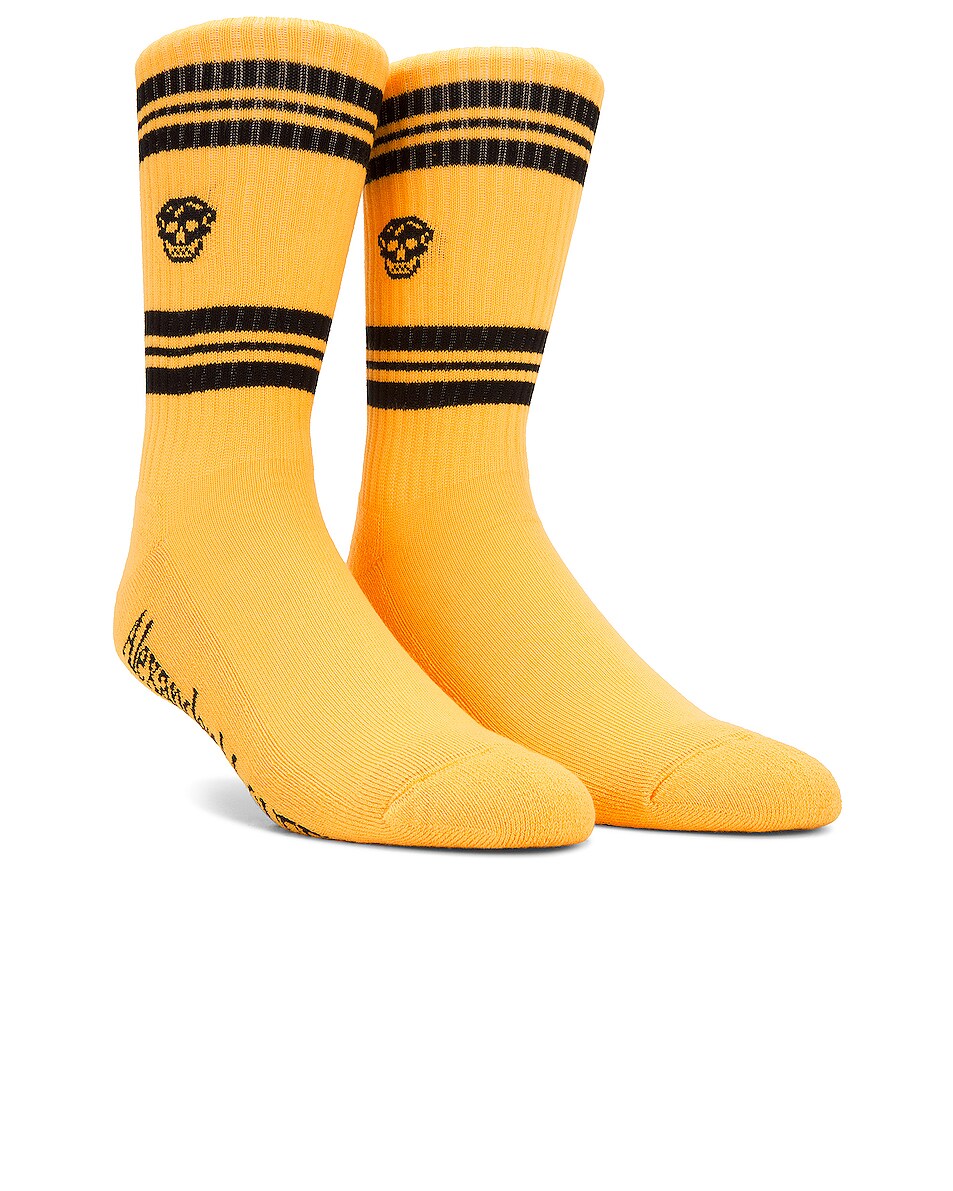 Image 1 of Alexander McQueen Stripe Skulls Socks in Pop Yellow & Black