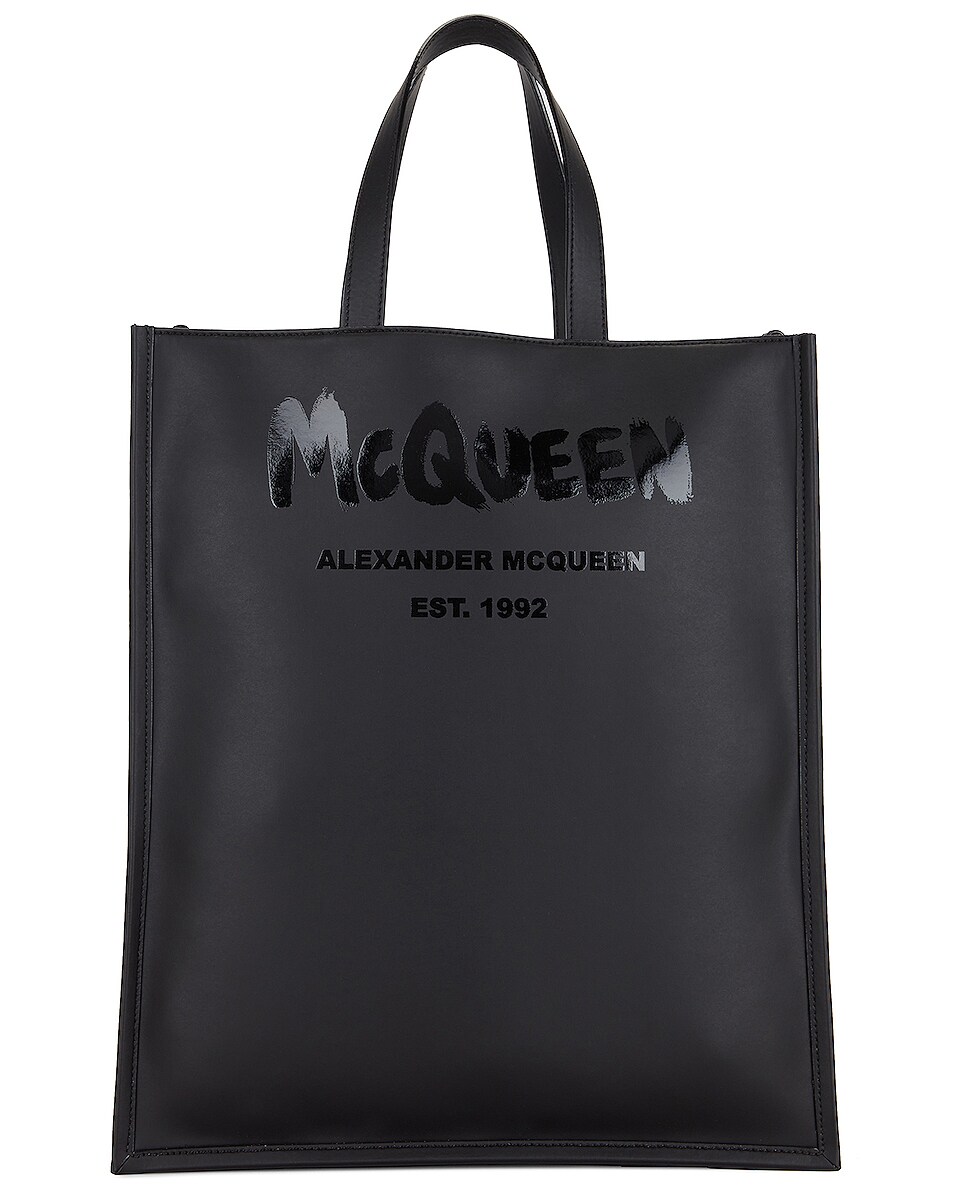 Image 1 of Alexander McQueen Mini Tote with Strap in Black & Shiny Black
