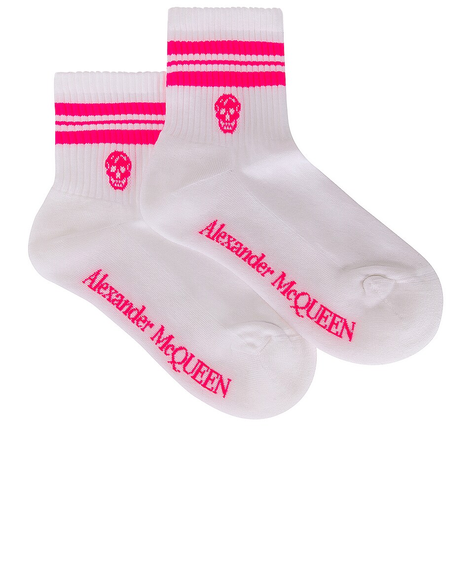 Image 1 of Alexander McQueen Stripe Skull Socks in White & Fluo Pink