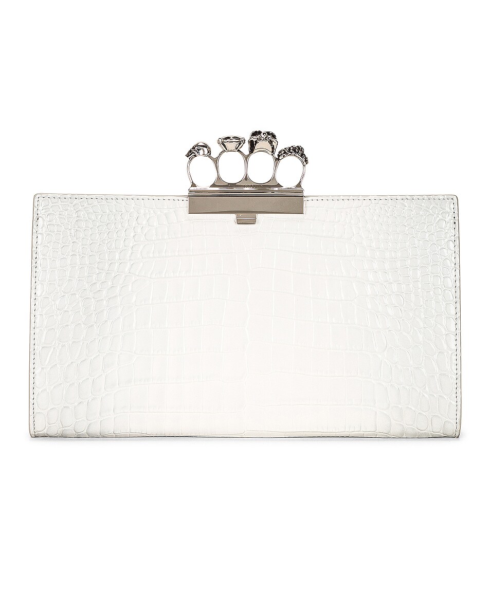 Image 1 of Alexander McQueen Skull Four Ring Flat Clutch in Ivory & Grey