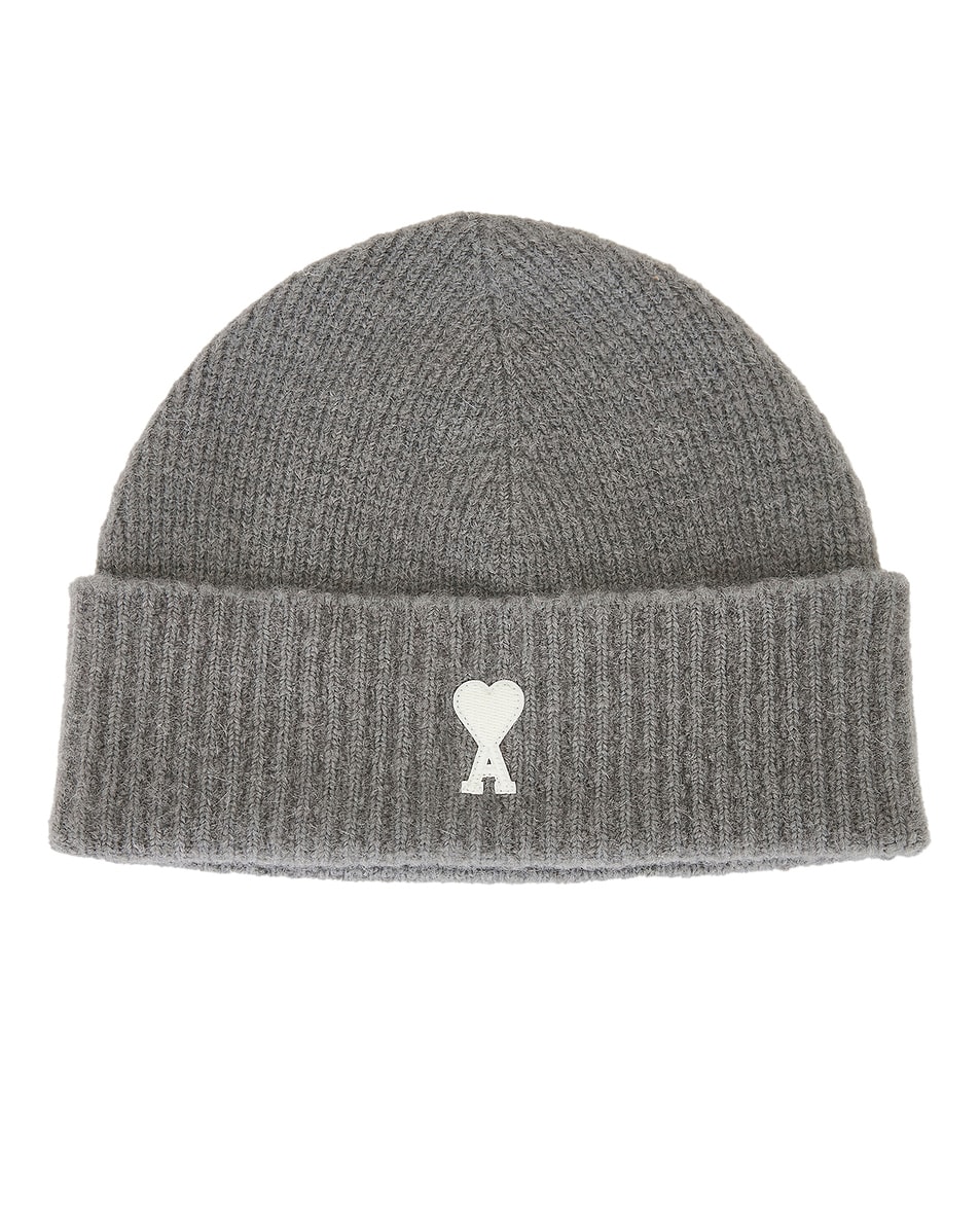 Image 1 of AMI Paris Beanie in Grey & Off-White