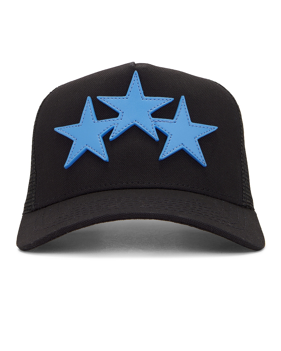 Image 1 of Amiri Three Star Trucker Hat in Black & Carolina Blue