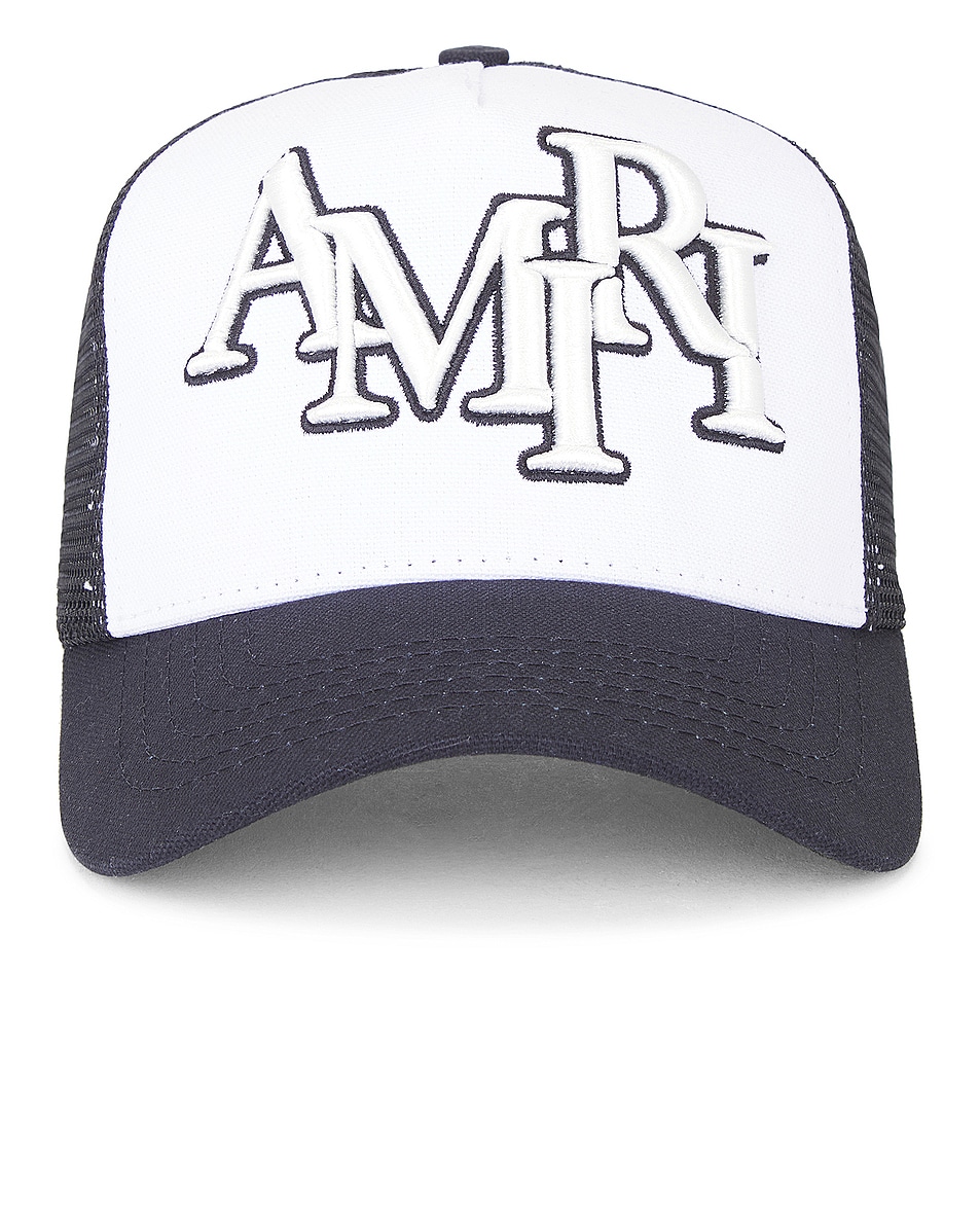 Image 1 of Amiri Staggered Trucker Hat in White & Black