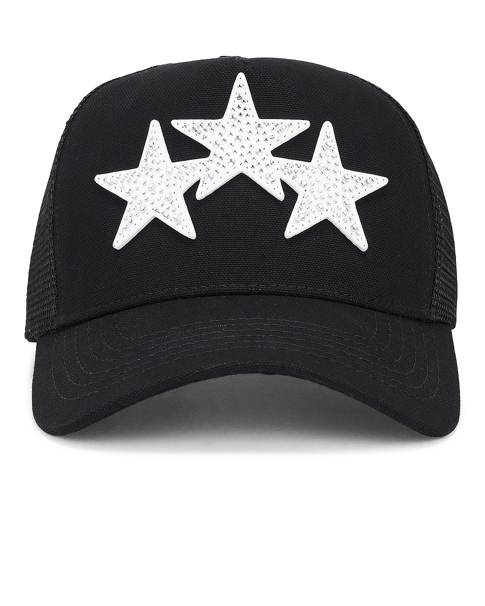 Image 1 of Amiri Crystal 3 Star Trucker Hat in Black White