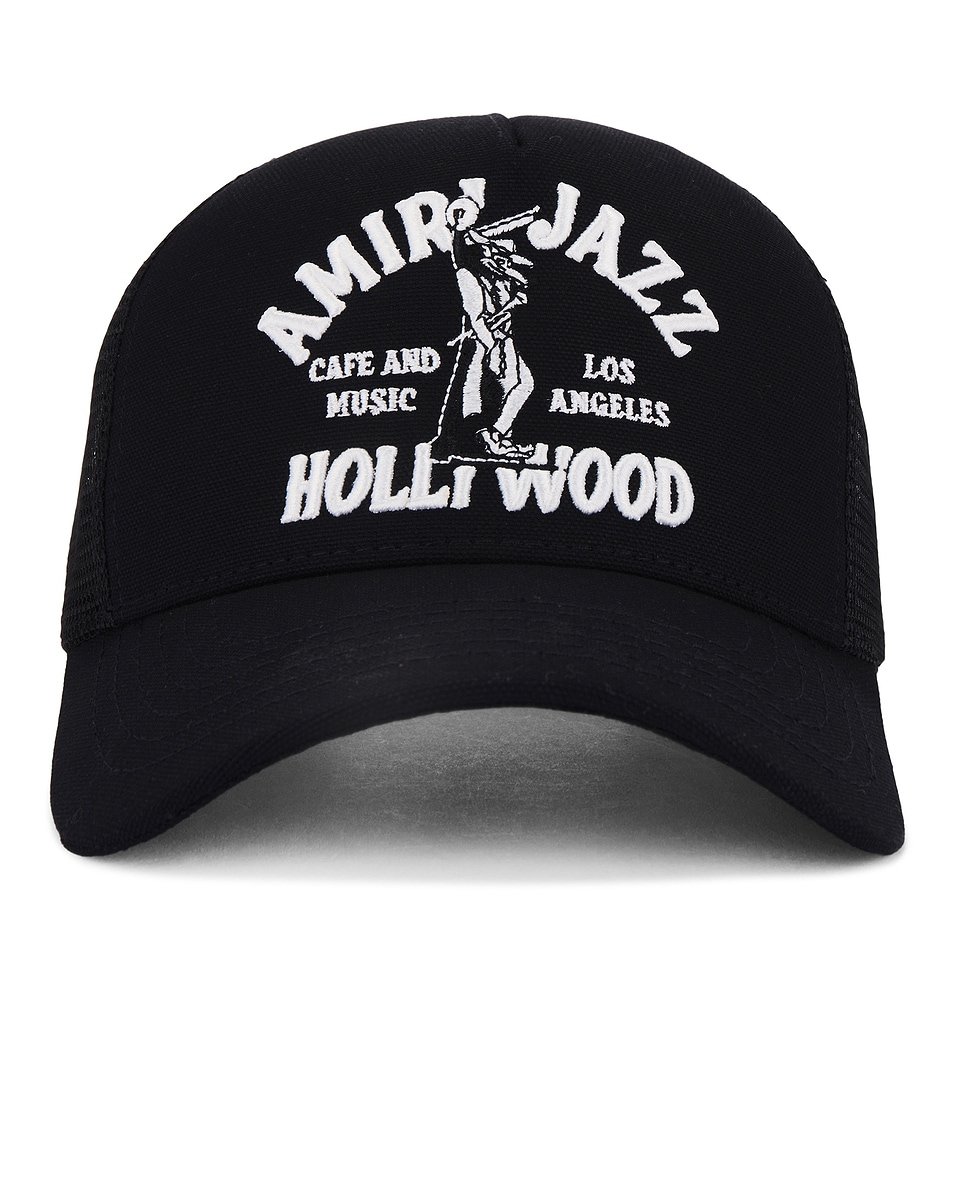 Image 1 of Amiri Jazz Wolf Trucker Hat in Black
