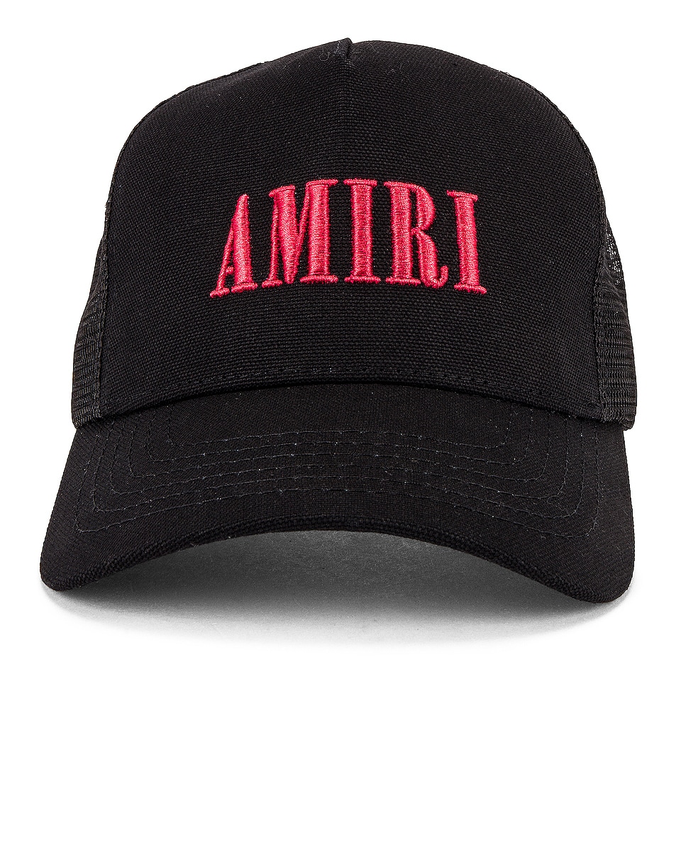 Image 1 of Amiri Logo Trucker Hat in Black & Red