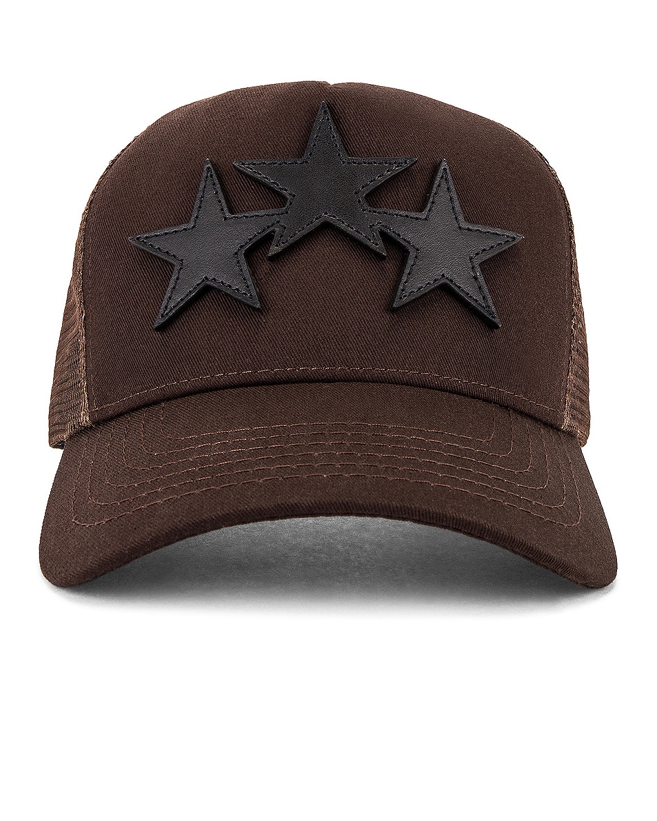 Image 1 of Amiri 3 Star Trucker Hat in Brown & Black