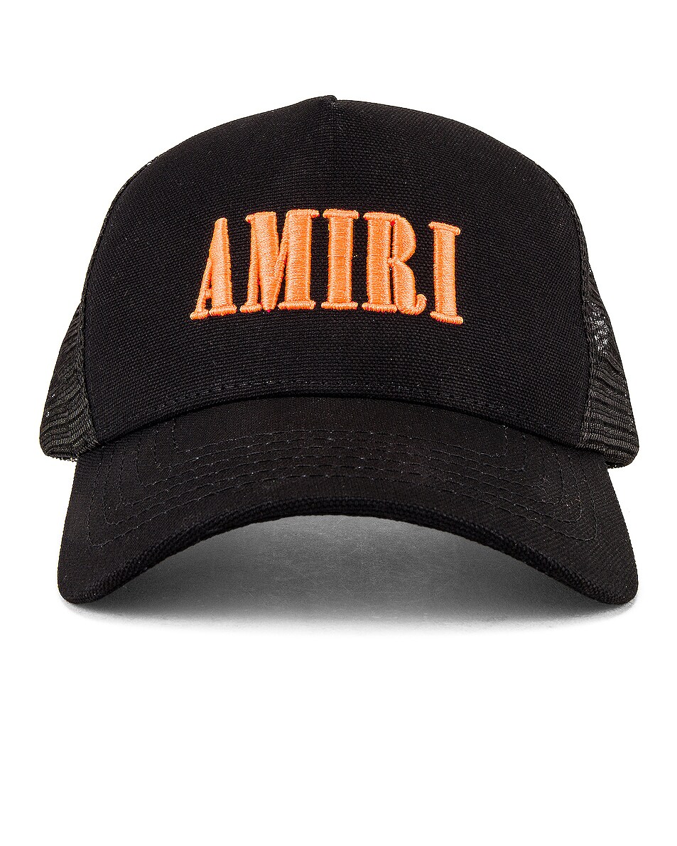 Image 1 of Amiri Amiri Core Logo Trucker Hat in Black & Orange