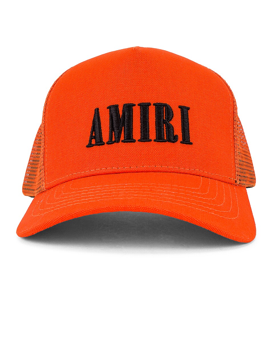 Image 1 of Amiri Amiri Core Logo Trucker Hat in Orange & Black