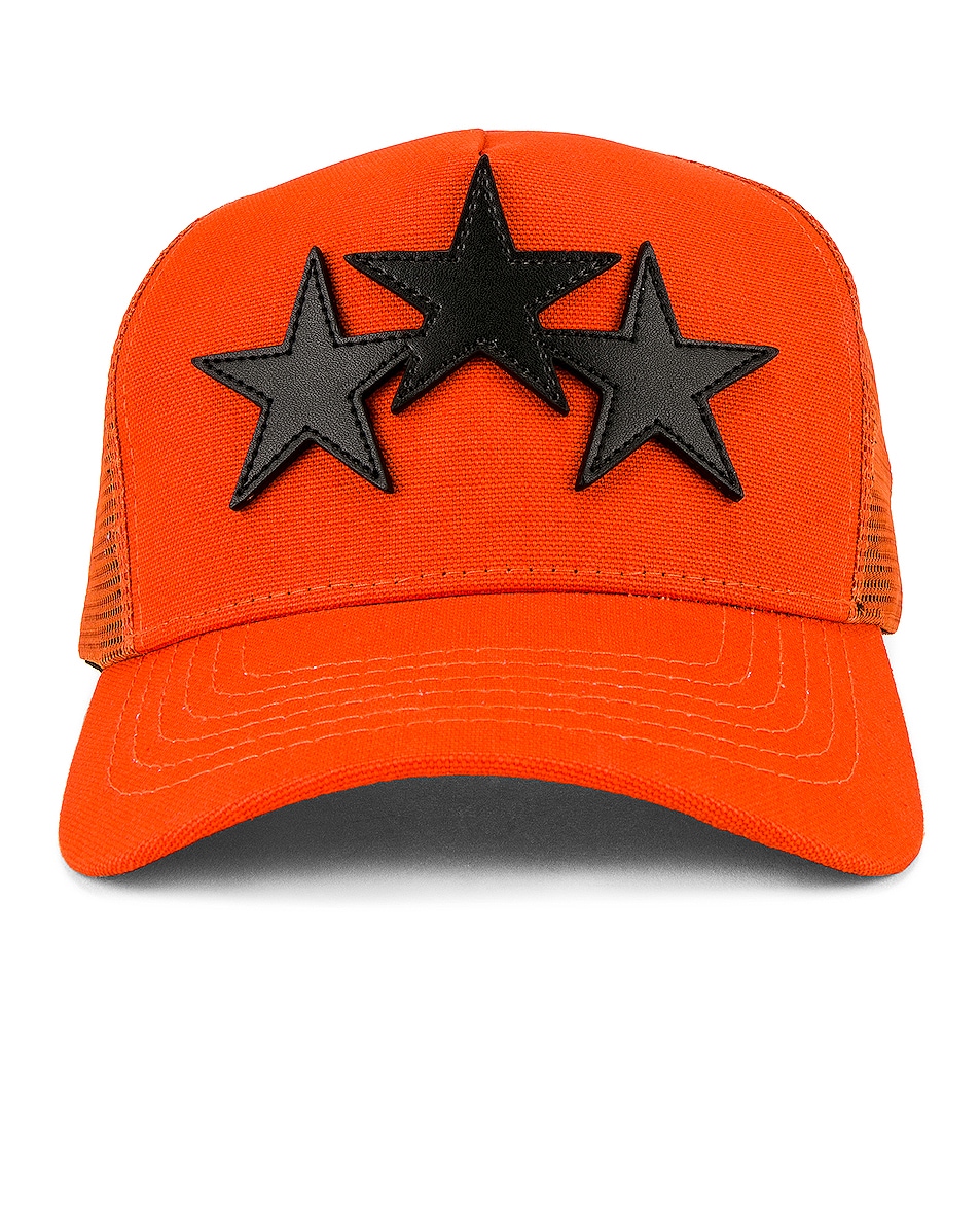 Image 1 of Amiri 3 Star Trucker Hat in Orange & Black