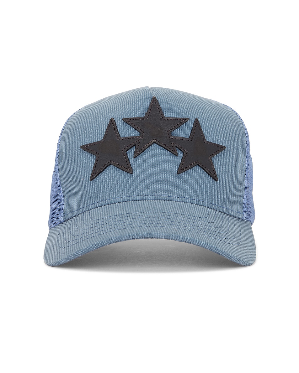Image 1 of Amiri 3 Star Trucker Hat in Pond Blue & Black