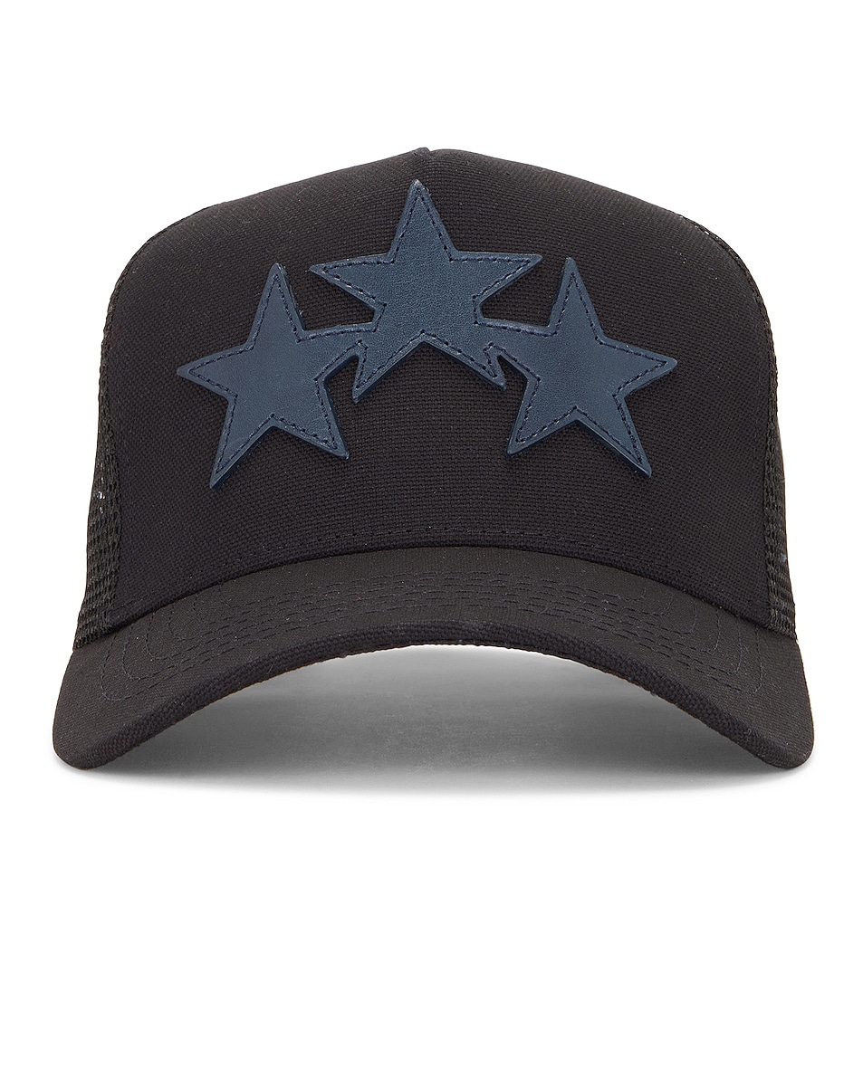 Image 1 of Amiri 3 Star Trucker Hat in Black & Pond Blue