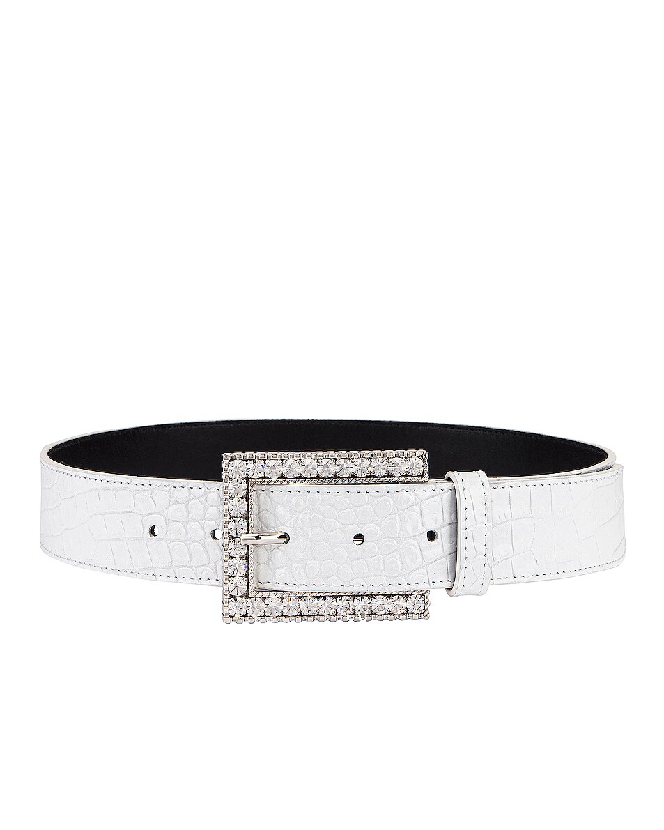 Image 1 of Alessandra Rich Rectangular Crystal Buckle Croc Belt in White