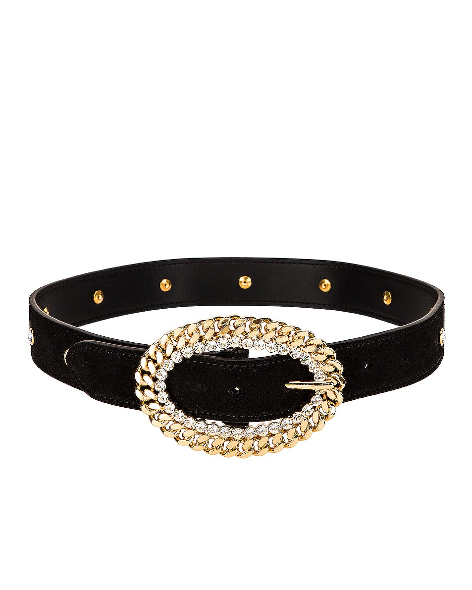 Image 1 of Alessandra Rich Leather Gold Chain and Crystal Buckle Belt in Black