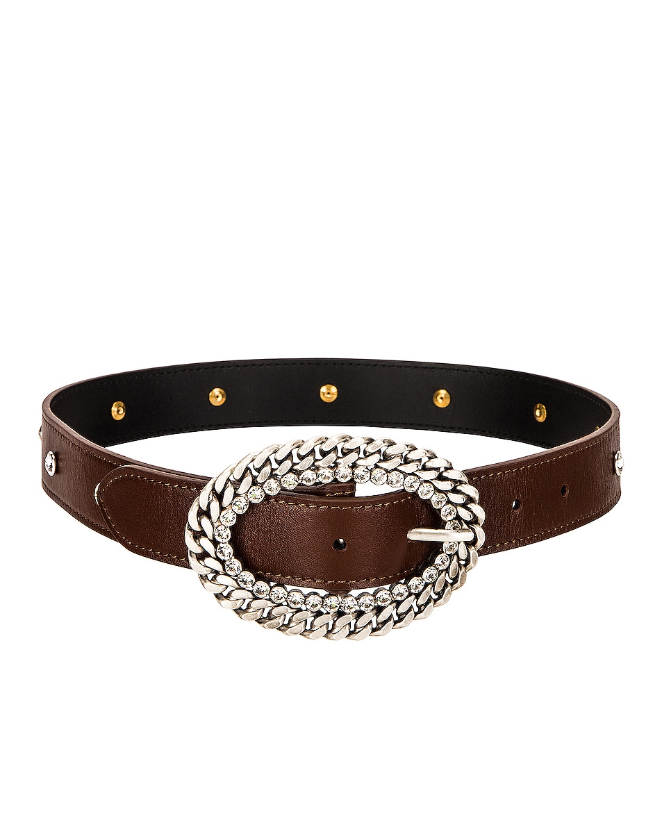 Image 1 of Alessandra Rich Leather Silver Chain and Crystal Buckle Belt in Brown