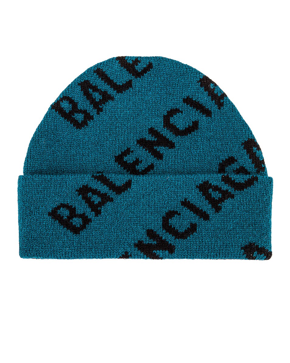 Image 1 of Balenciaga All Over Logo Beanie in Petrol Blue & Black