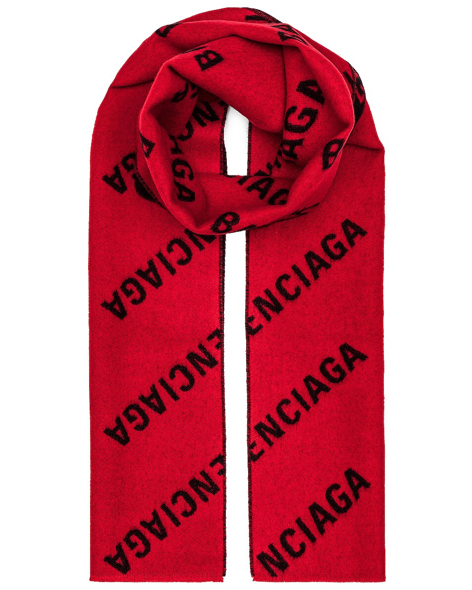 Image 1 of Balenciaga All Over Logo Scarf in Red & Black