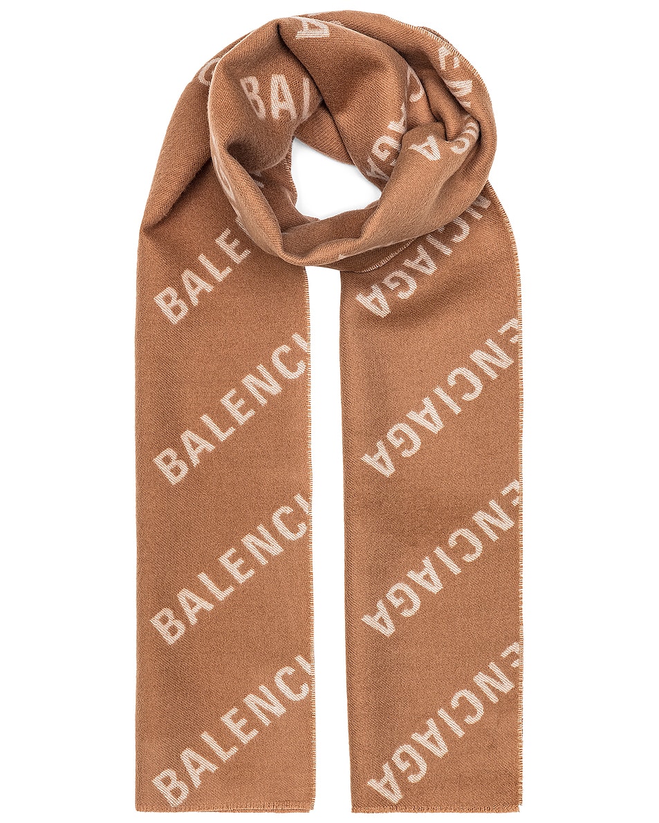 Image 1 of Balenciaga All Over Logo Scarf in Camel & White
