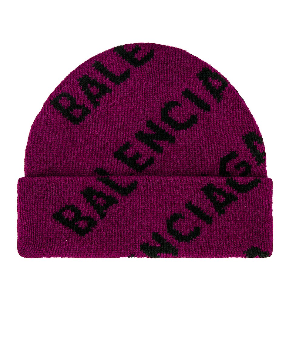 Image 1 of Balenciaga All Over Logo Beanie in Purple & Black