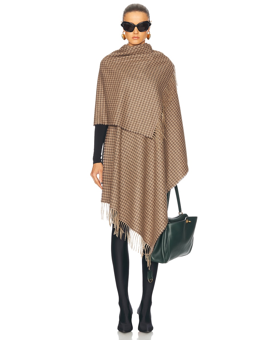 Image 1 of Balenciaga Fringed Houndstooth Shawl in Brown & Beige